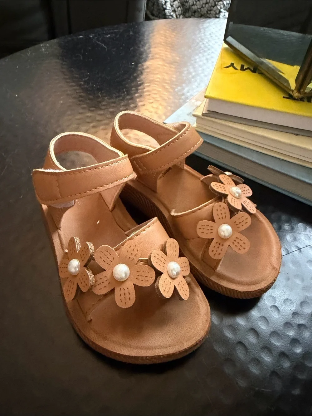 Girls' Brown Flower Pearl Sandals Size 5 to 6